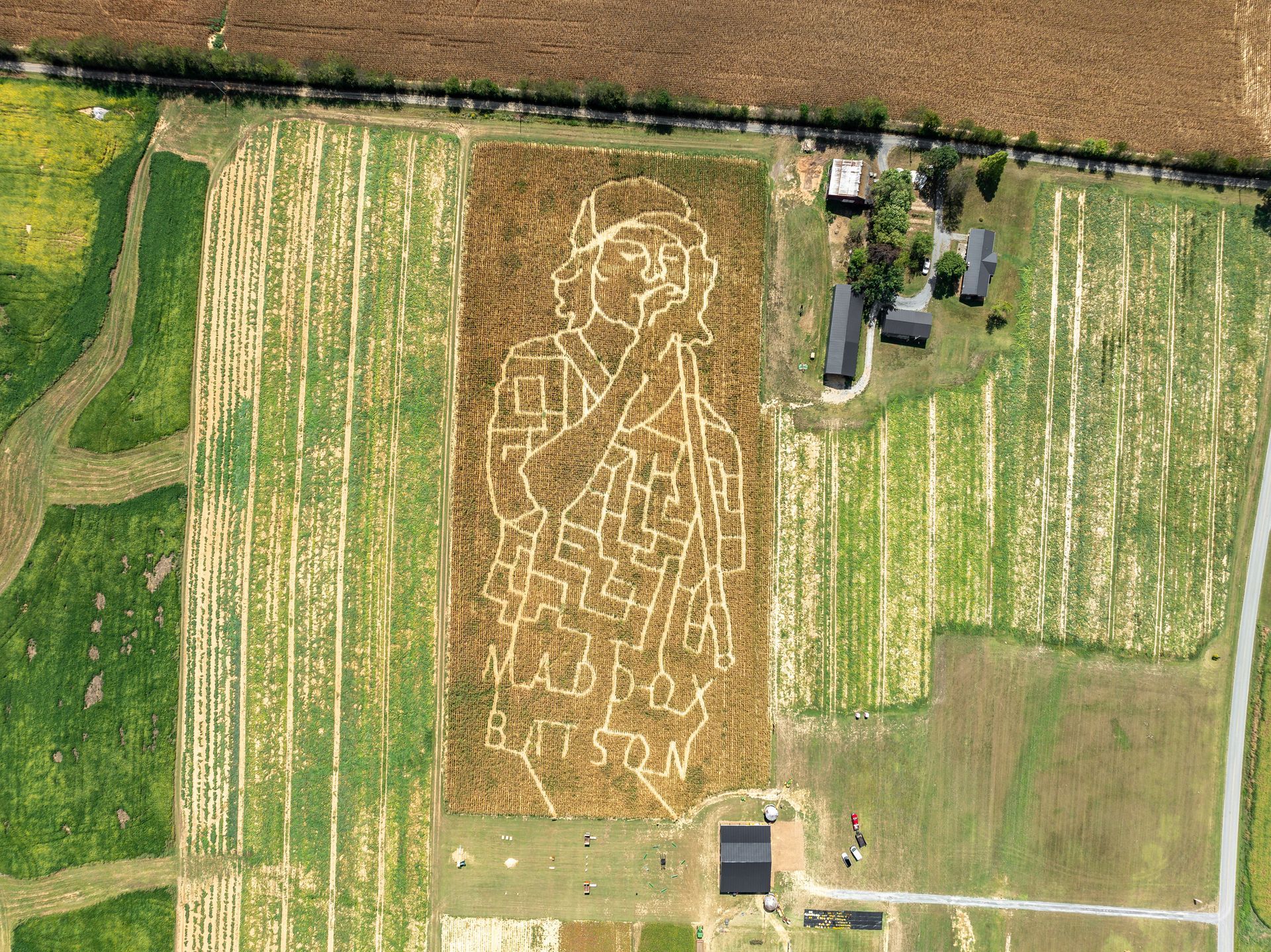 An aerial view of a corn maze in a field.
