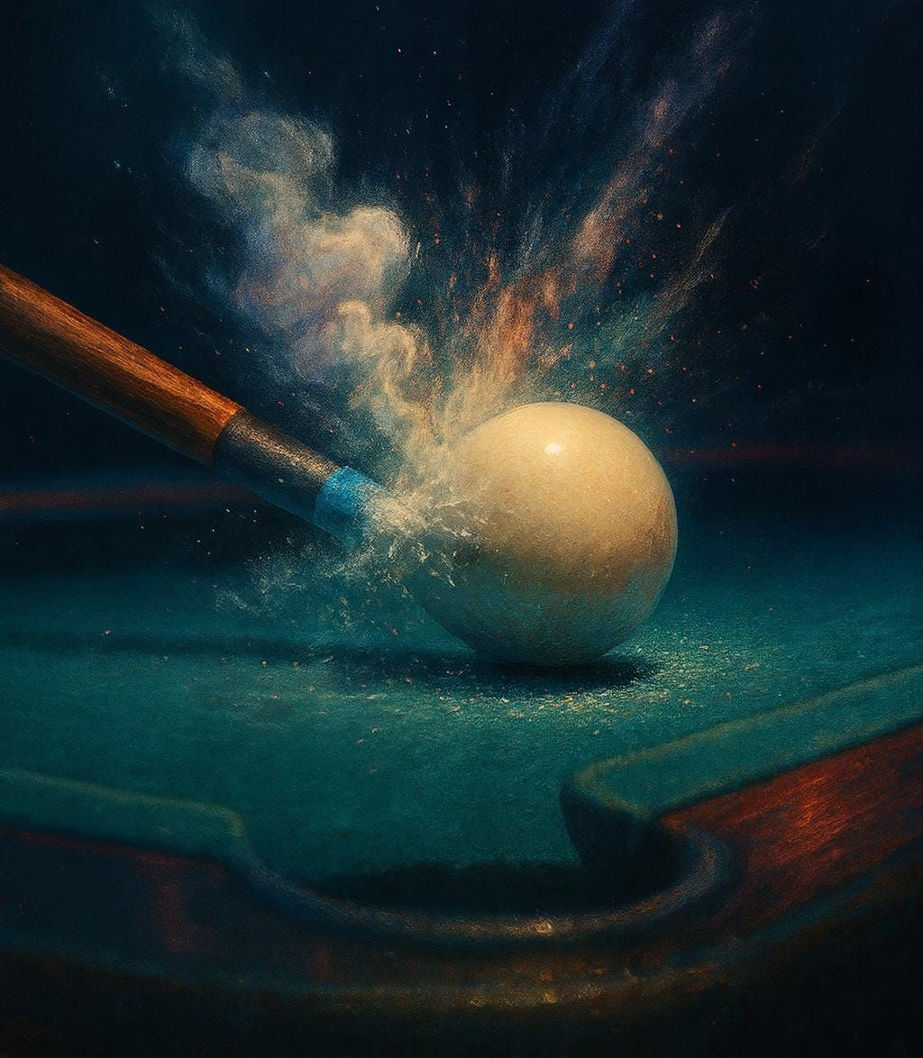 A pool cue strikes a white billiard ball on a green felt table, creating a dramatic explosion of white chalk dust.