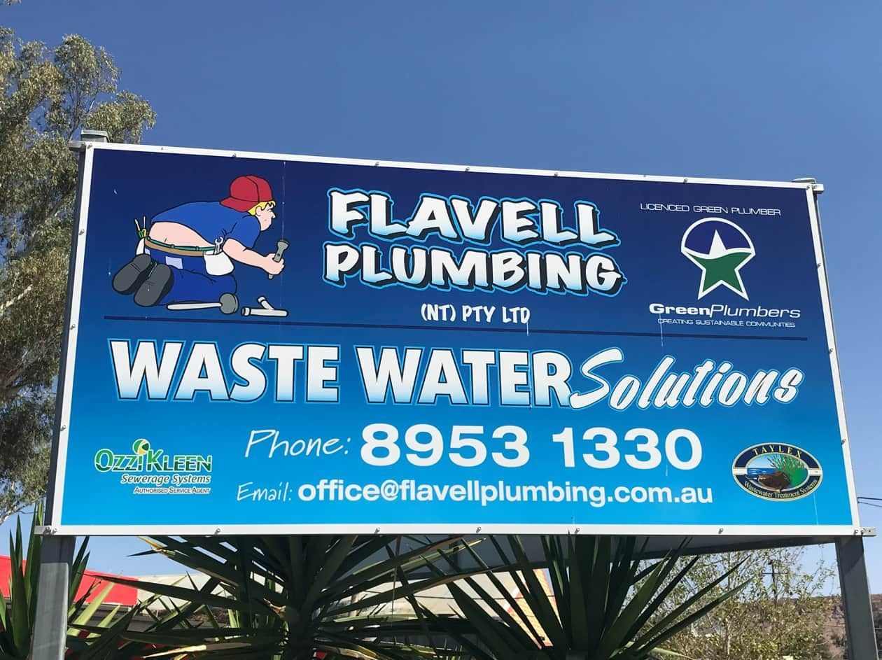 A Blue Sign For Flawell Plumbing Waste Water Solutions — Flavell Plumbing (NT) Pty Ltd In Ciccone, NT