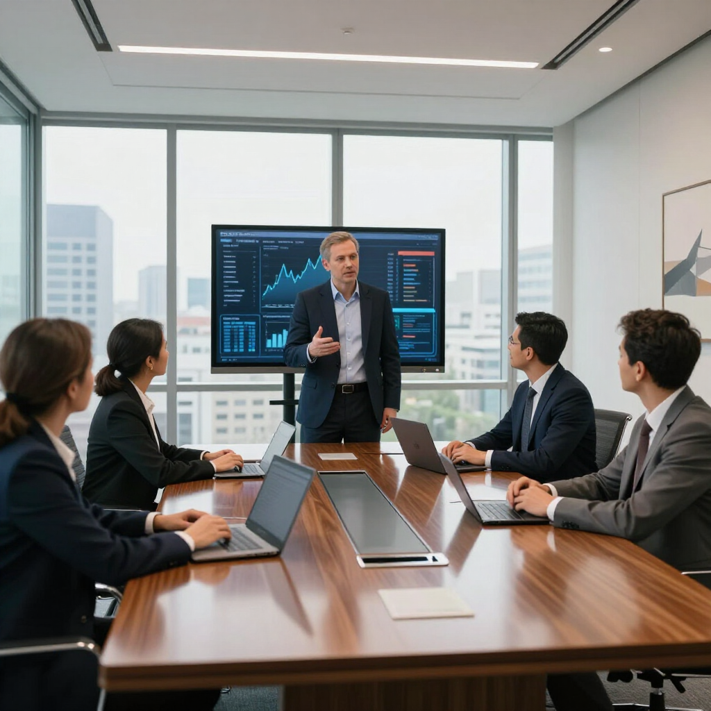 Business meeting in a glass conference room, with a man presenting to seated colleagues around a table.