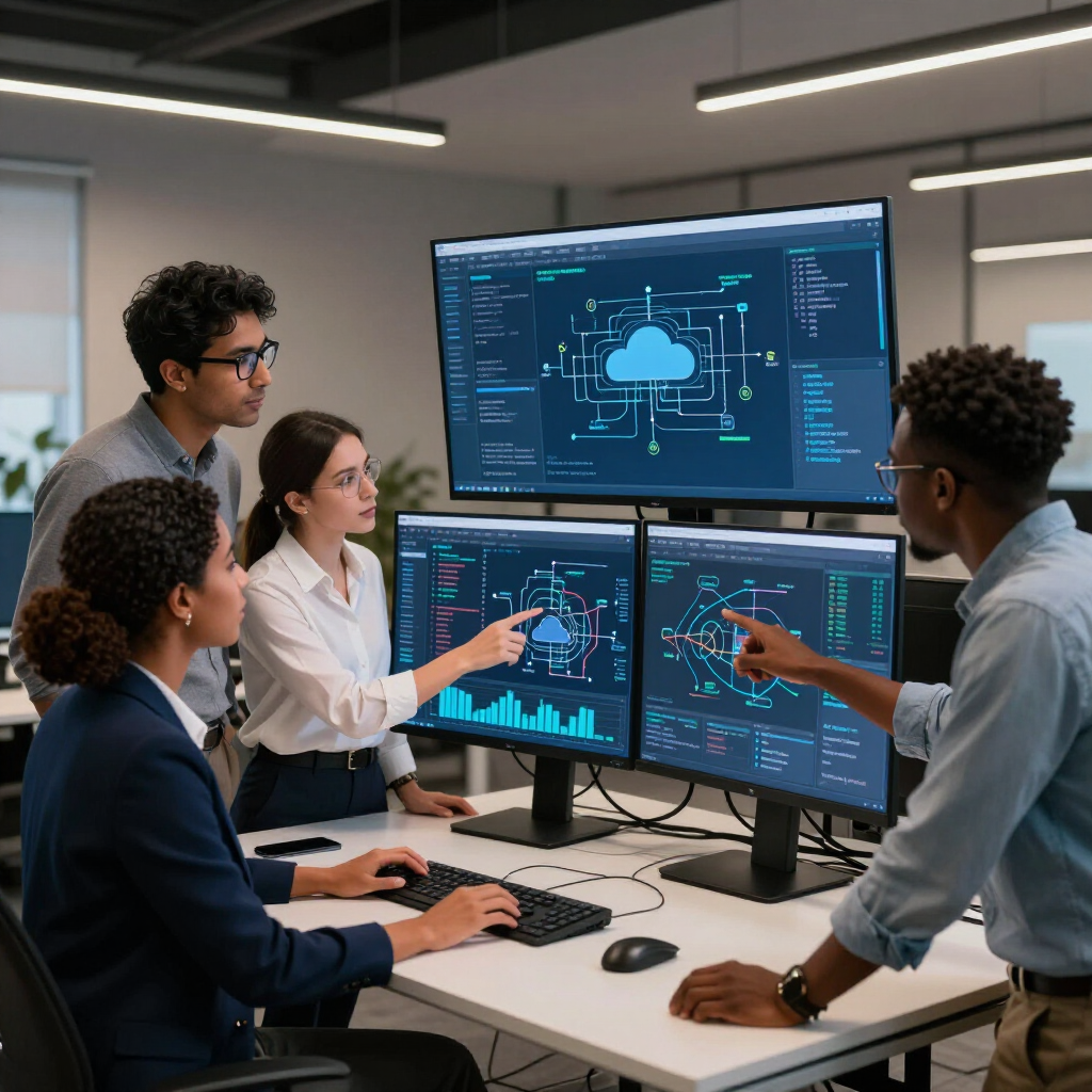 Four coworkers discuss data dashboards on multiple monitors in a modern office.