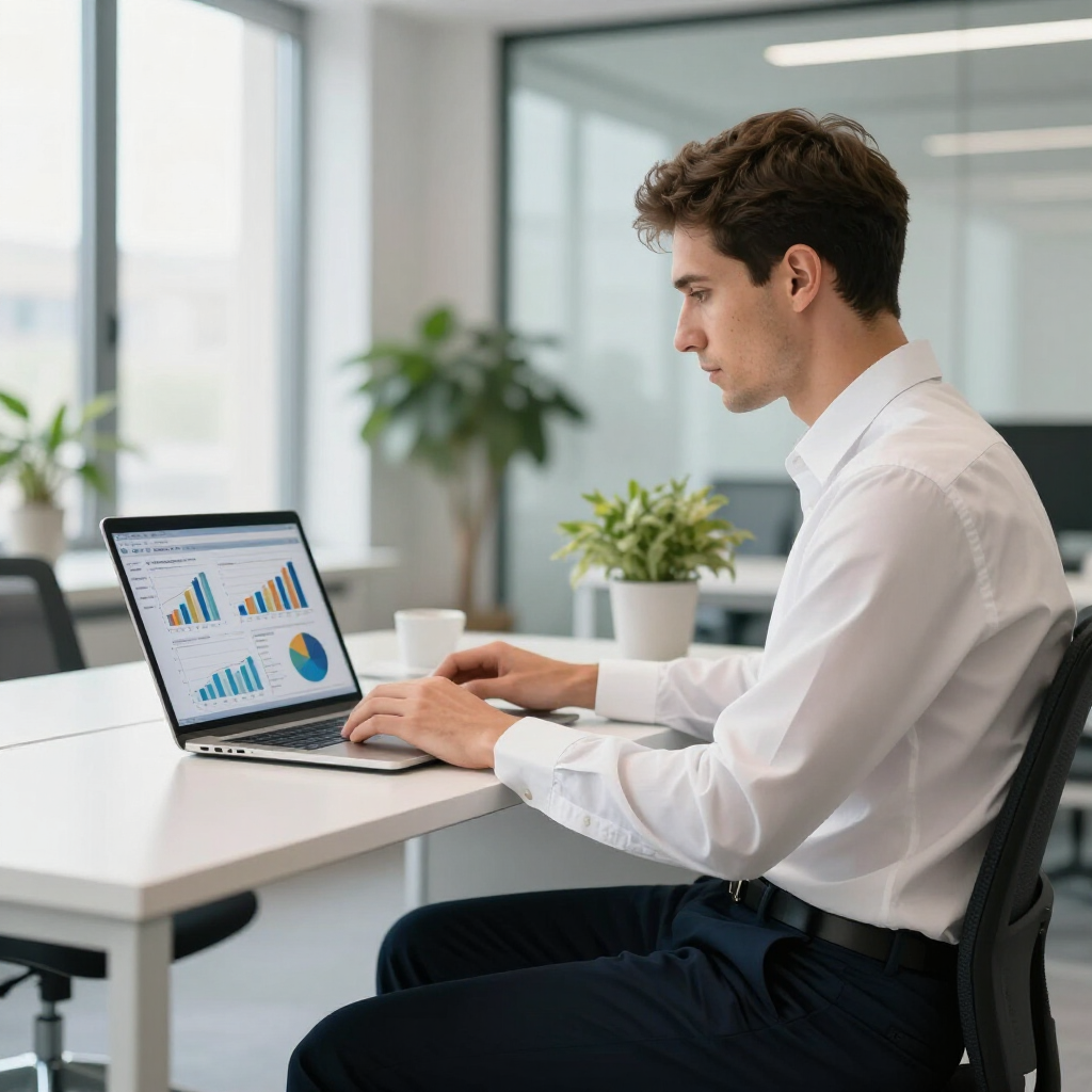 Person working on a laptop with charts in a bright office meeting room
