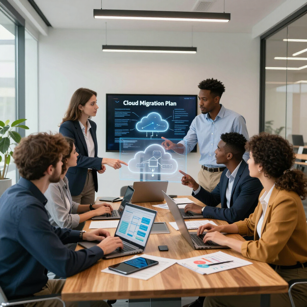Business team in a meeting room reviewing a cloud migration plan on a large screen