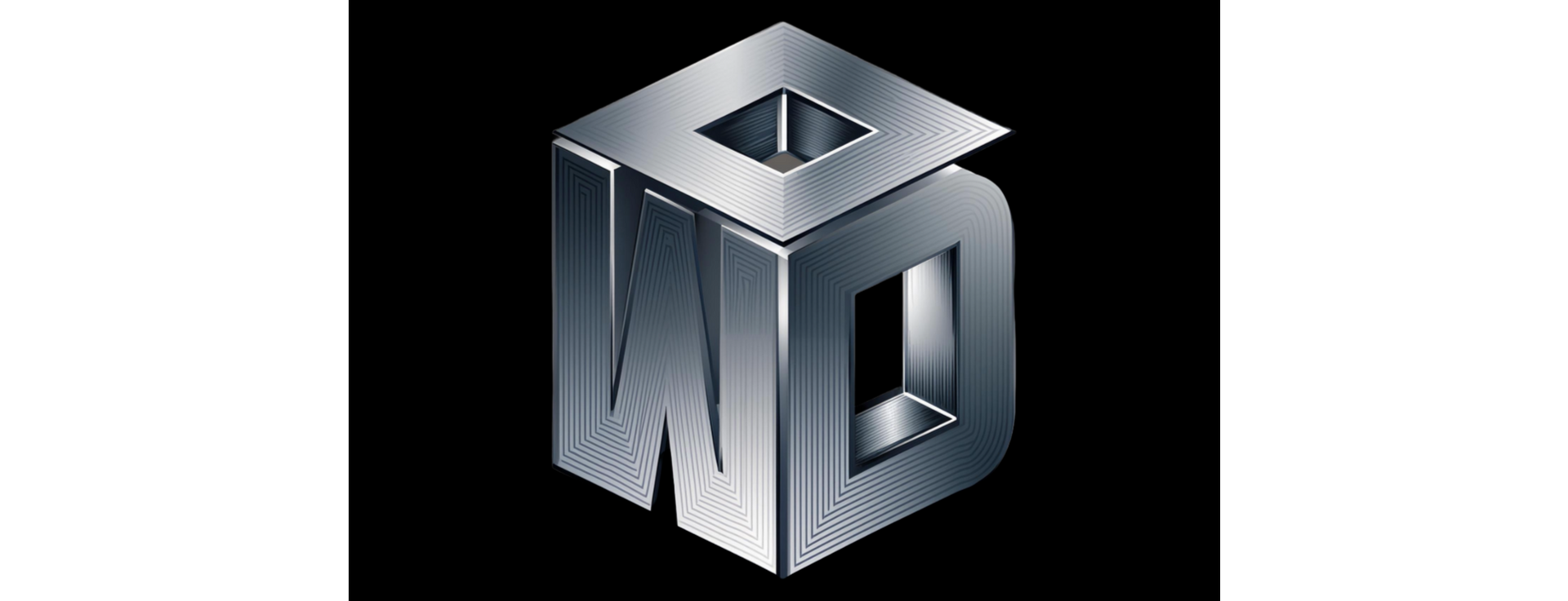 Metallic 3D logo with stylized letters W and D on a black background