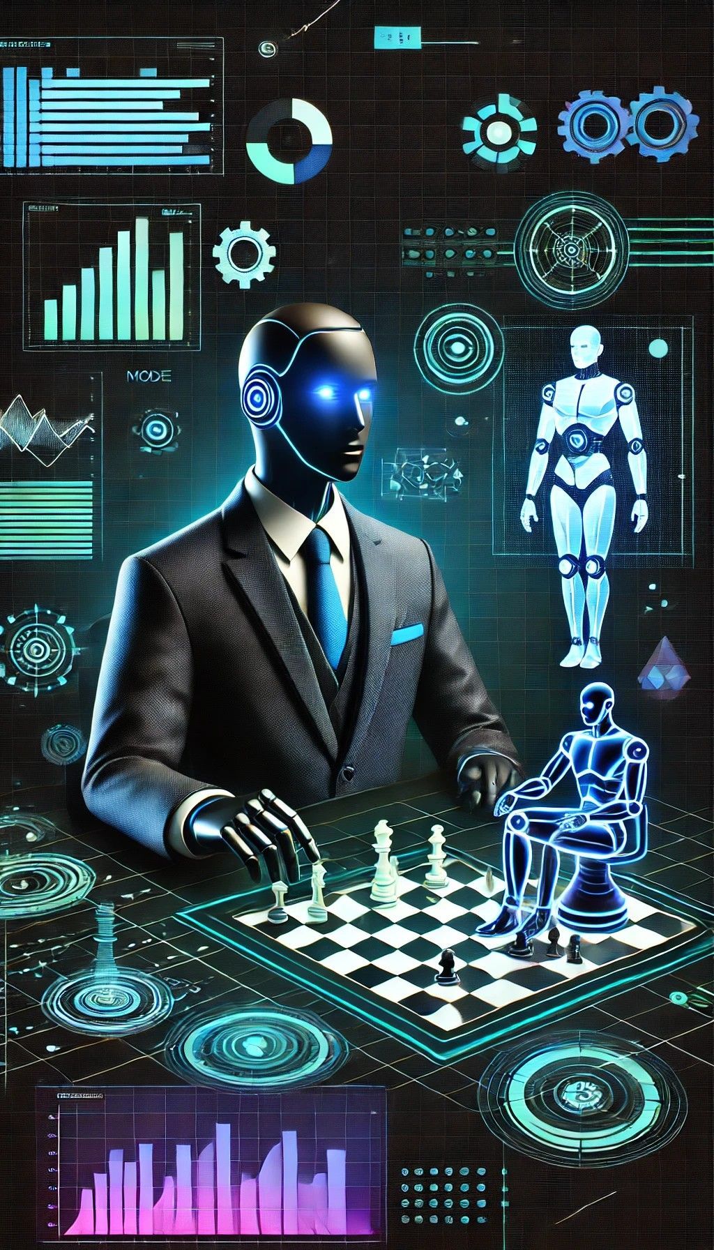 Futuristic AI businessman at digital chessboard with glowing data charts and robot holograms