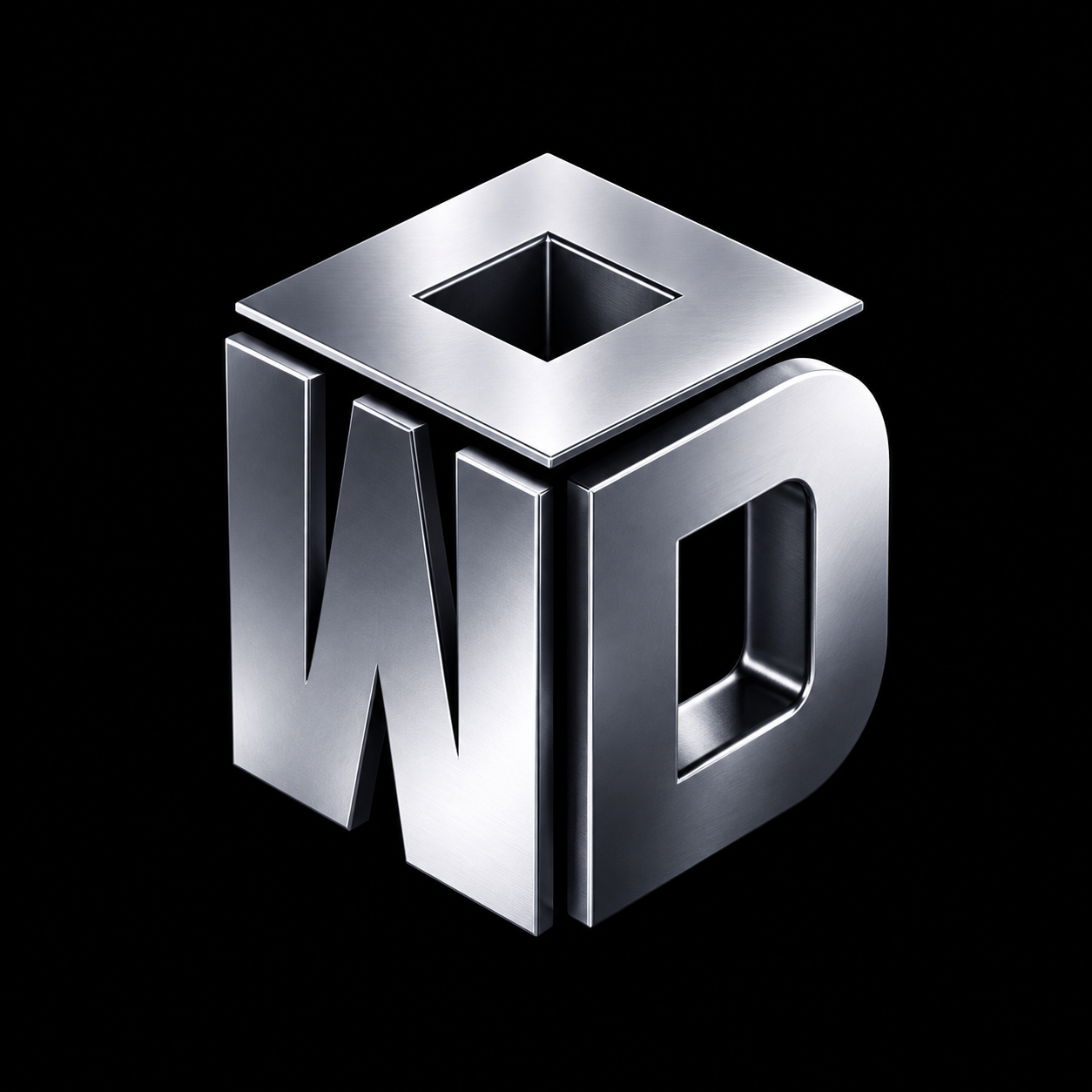 Silver 3D geometric logo with a diamond-cut cube on a black background