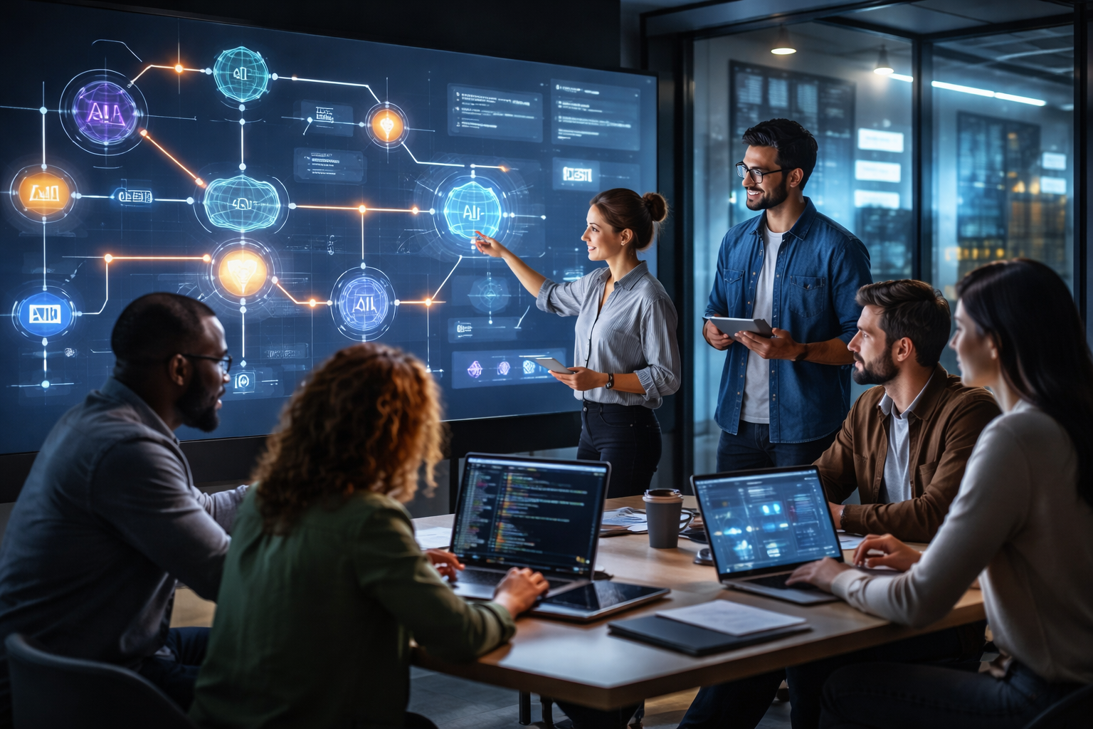Team collaborating in a modern office around laptops, with a glowing digital network display on the wall.