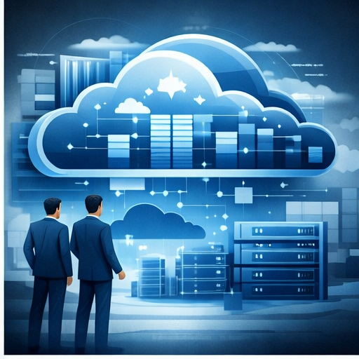 Two businesspeople facing a glowing cloud computing dashboard with servers and data charts.