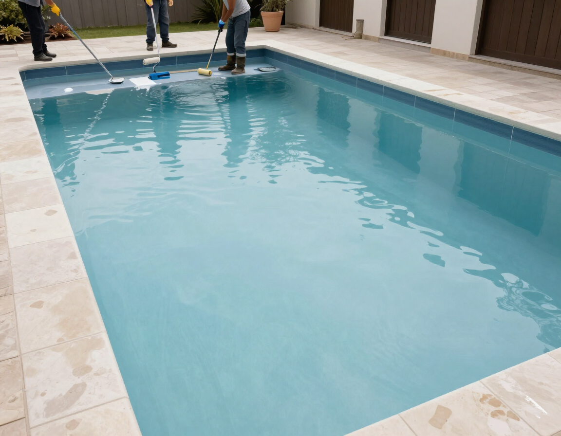 Reparación y pintura de piscina residencial durante trabajos de mantención.