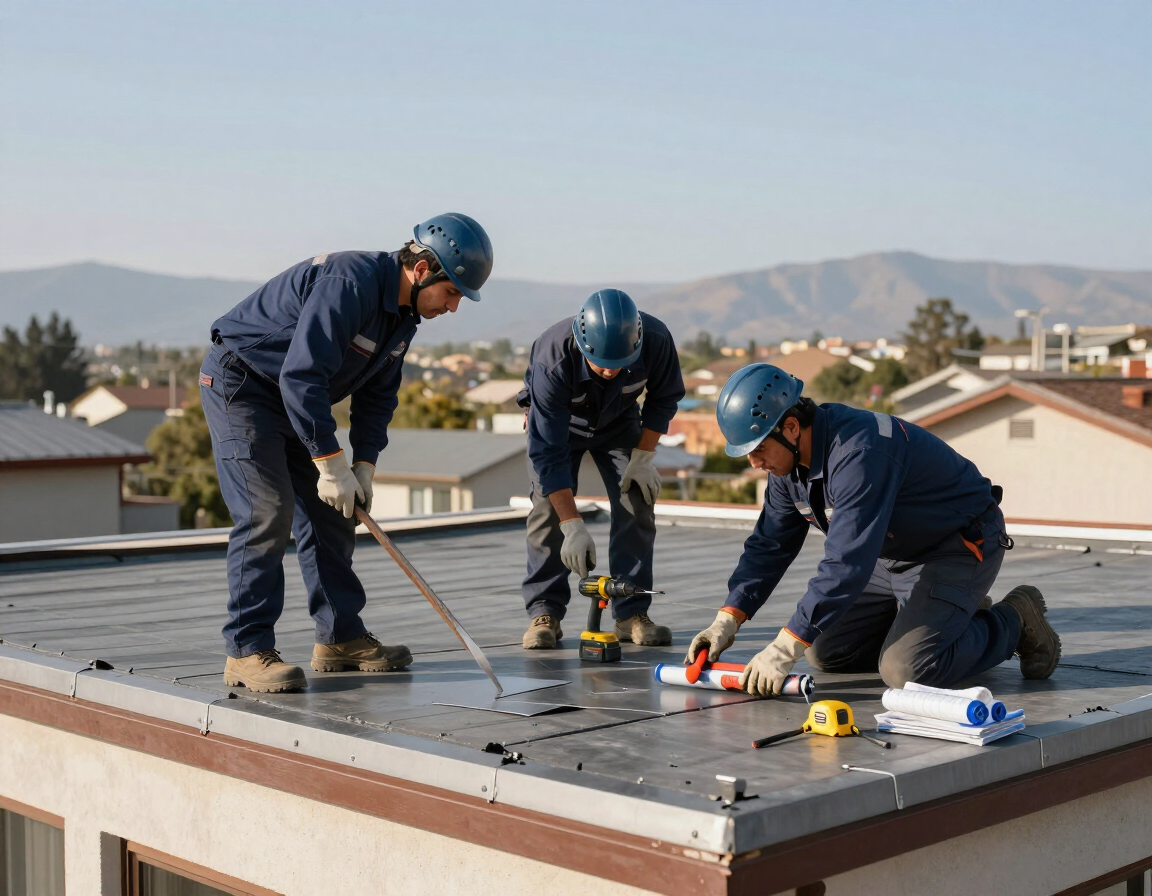 Equipo de techumbres inspeccionando y reparando una cubierta residencial con herramientas profesionales.