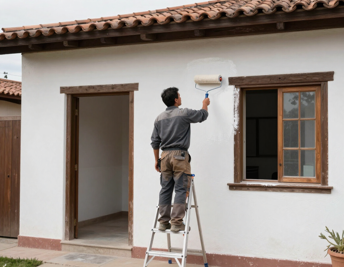 Especialista aplicando pintura interior y exterior en una casa chilena.