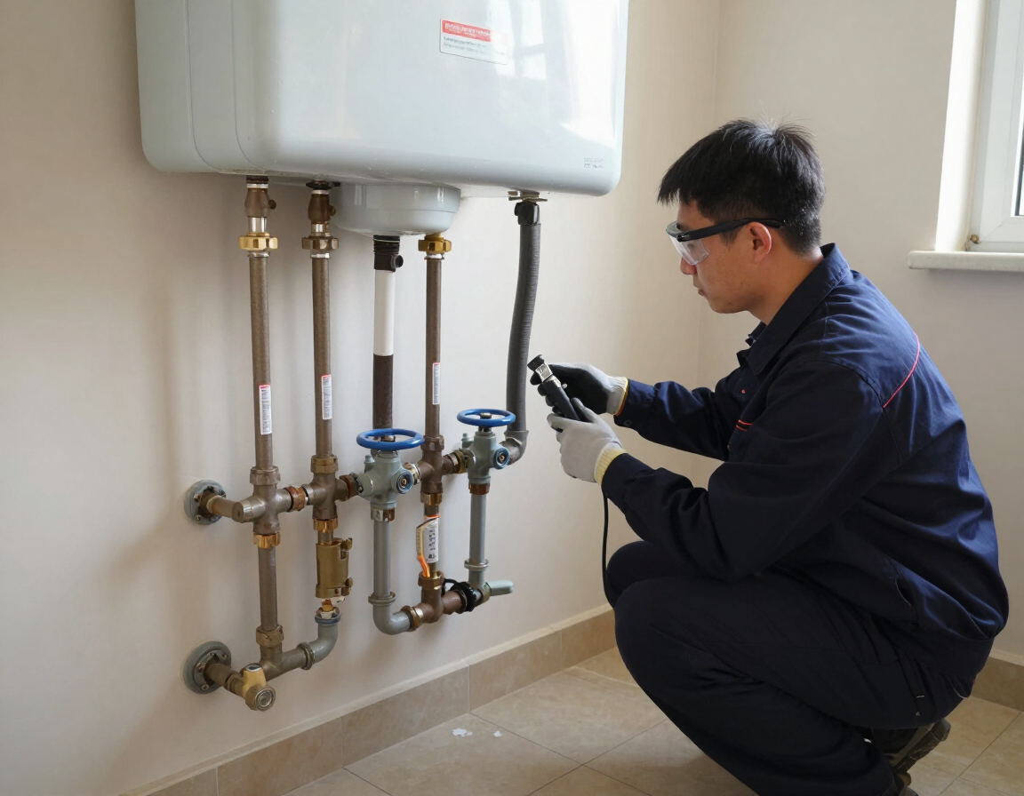 Inspección técnica de instalaciones de agua y gas en un cuarto de servicios residencial.