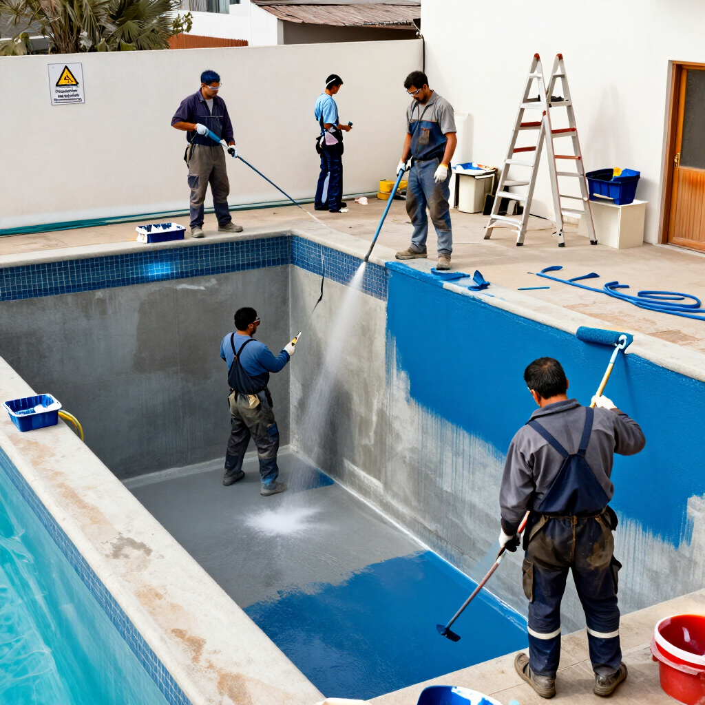 Mantenimiento y pintura de piscina residencial.