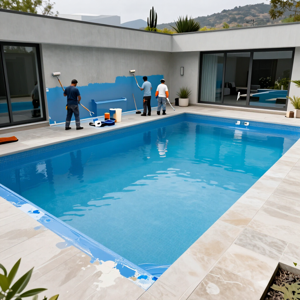 Restauraci&oacute;n y pintura de piscina con acabado azul limpio.