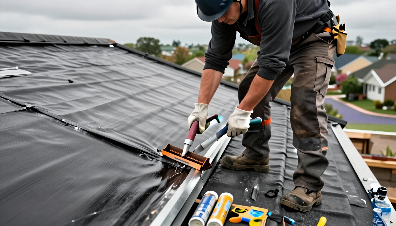 Trabajador aplicando sellado impermeable en una cubierta residencial