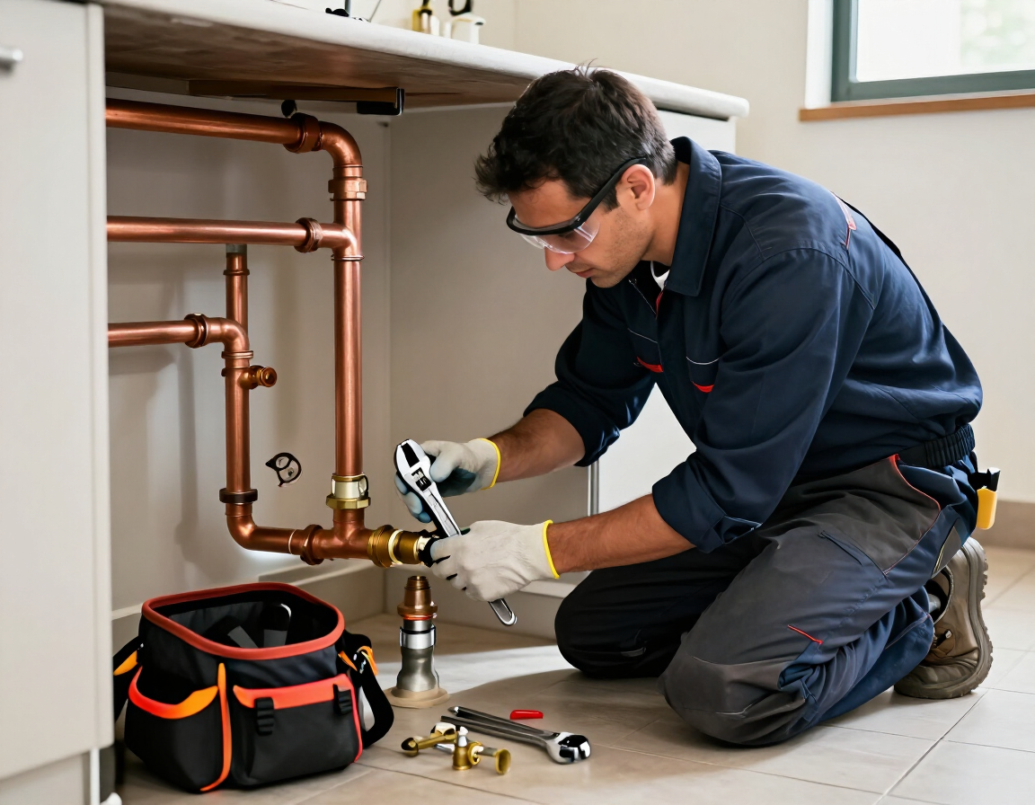 Gasfiter revisando conexiones de agua en una vivienda