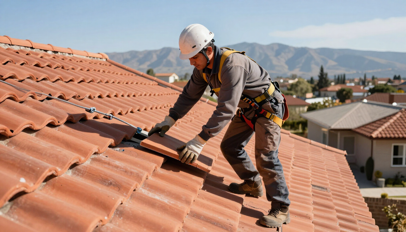 Trabajador realizando reparación de techumbre residencial