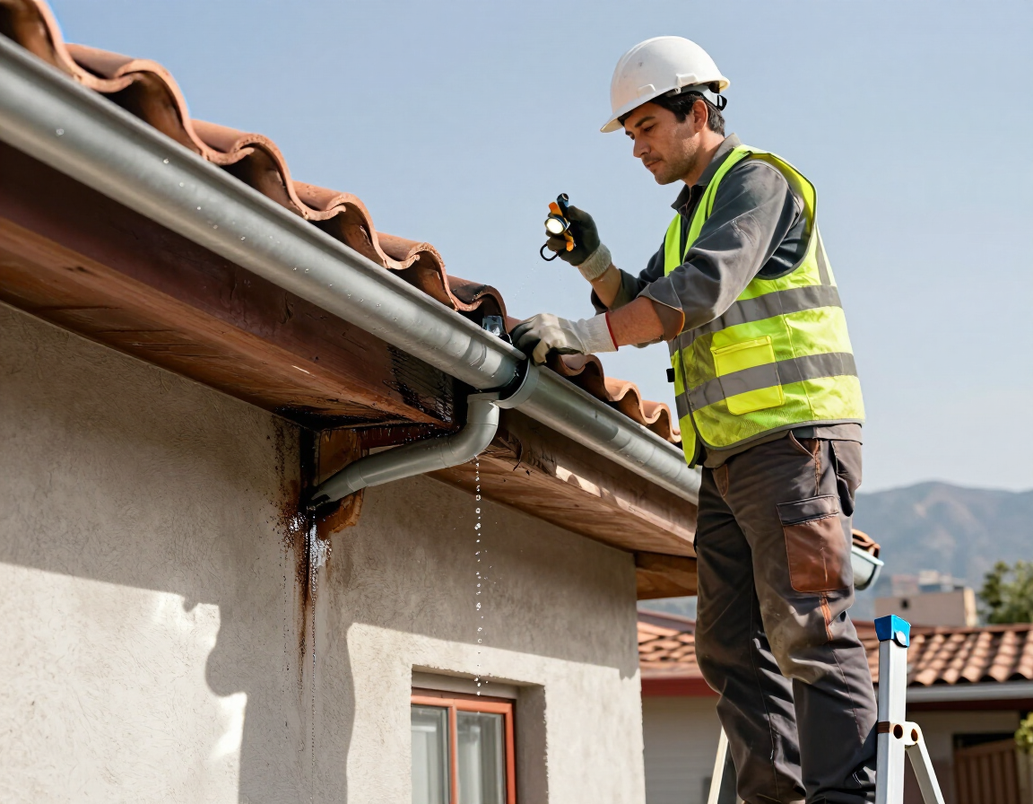 Técnico evaluando filtración y canaleta de una vivienda