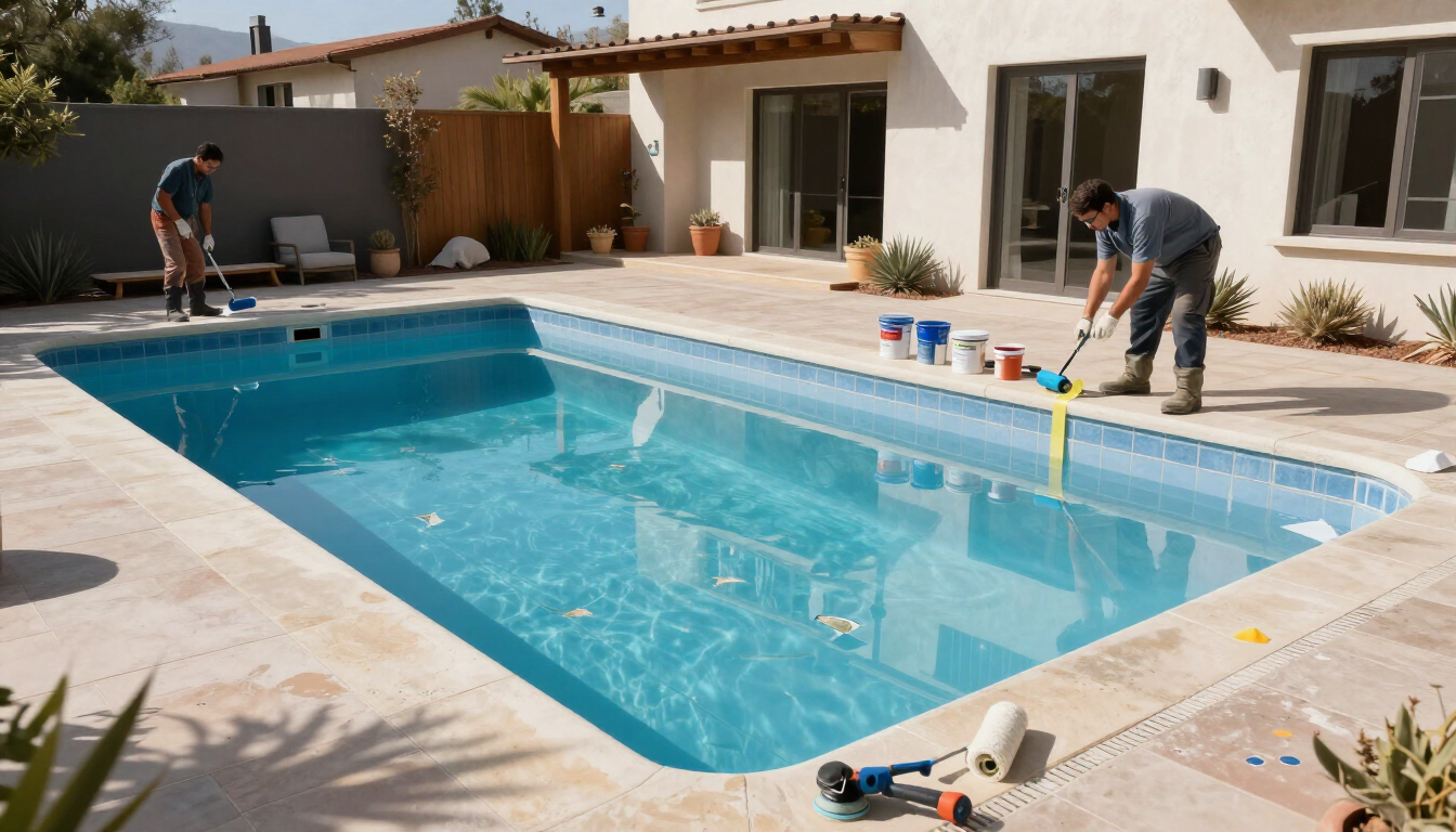 Piscina en proceso de reparación y pintura