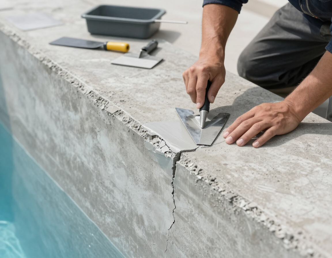 Detalle de preparación de una piscina antes de pintar