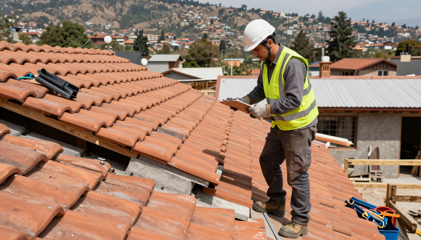 Profesional revisando una reparación de techumbre en una vivienda