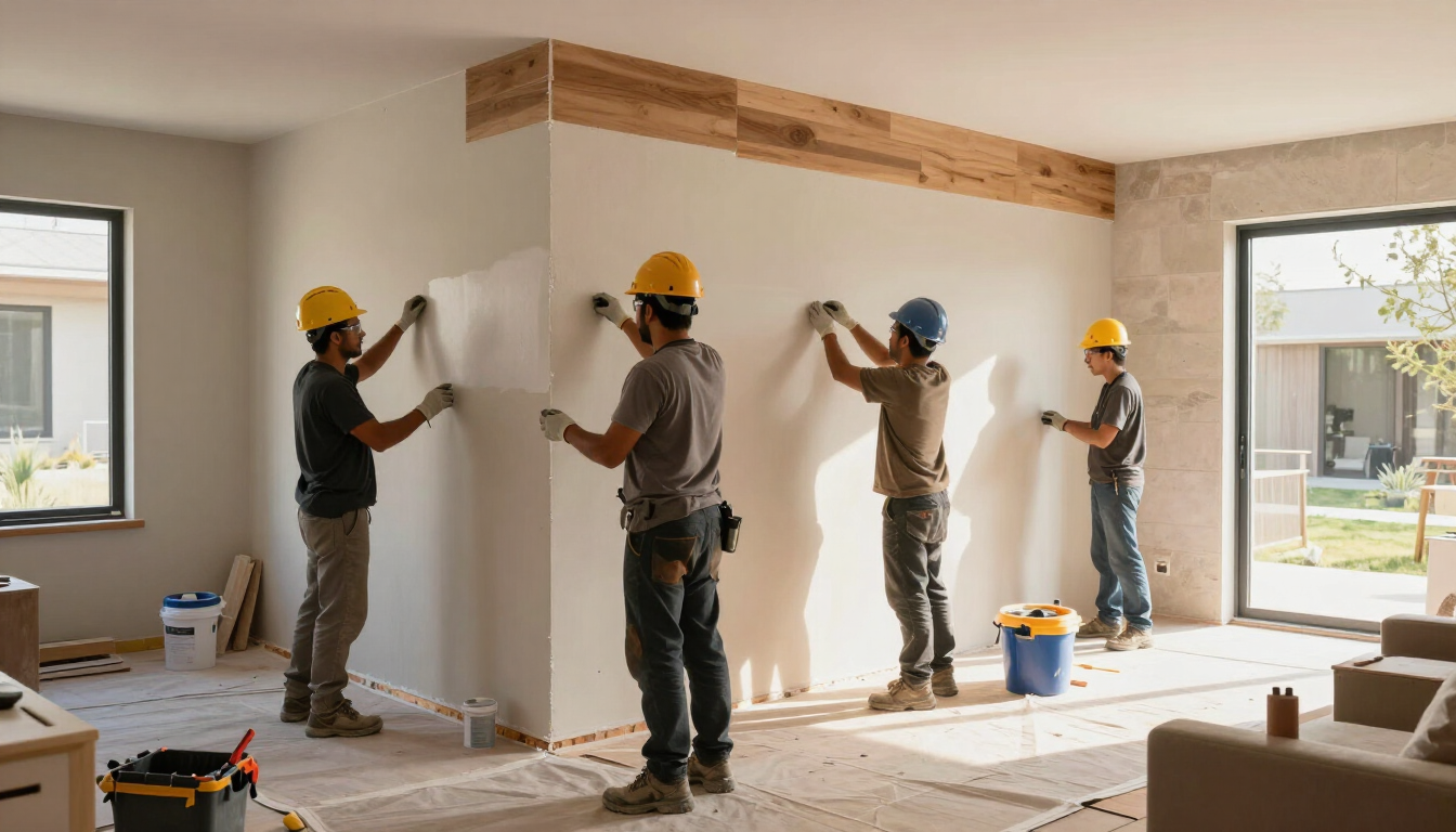 Trabajadores realizando terminaciones en una remodelación residencial