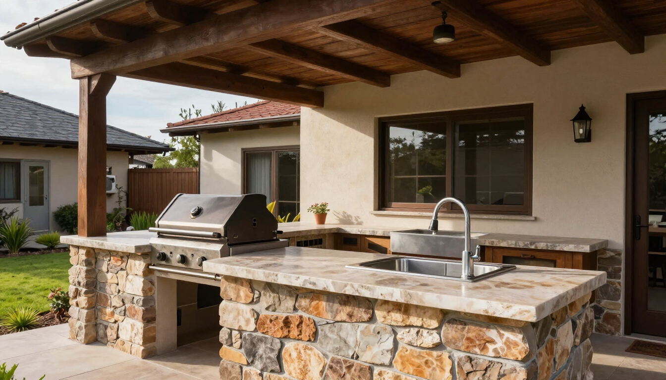 Quincho exterior con mesón, parrilla y lavaplatos