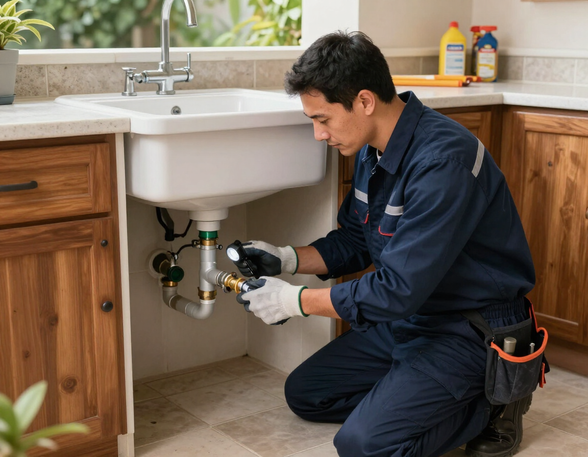 Técnico revisando conexiones de agua y gas en un quincho