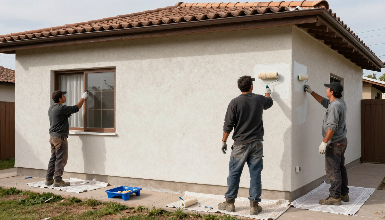 Pintura exterior de una vivienda preparada para renovación