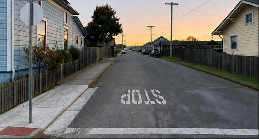 Quiet suburban street at sunset with stop sign painted on the road, houses and fences on both sides