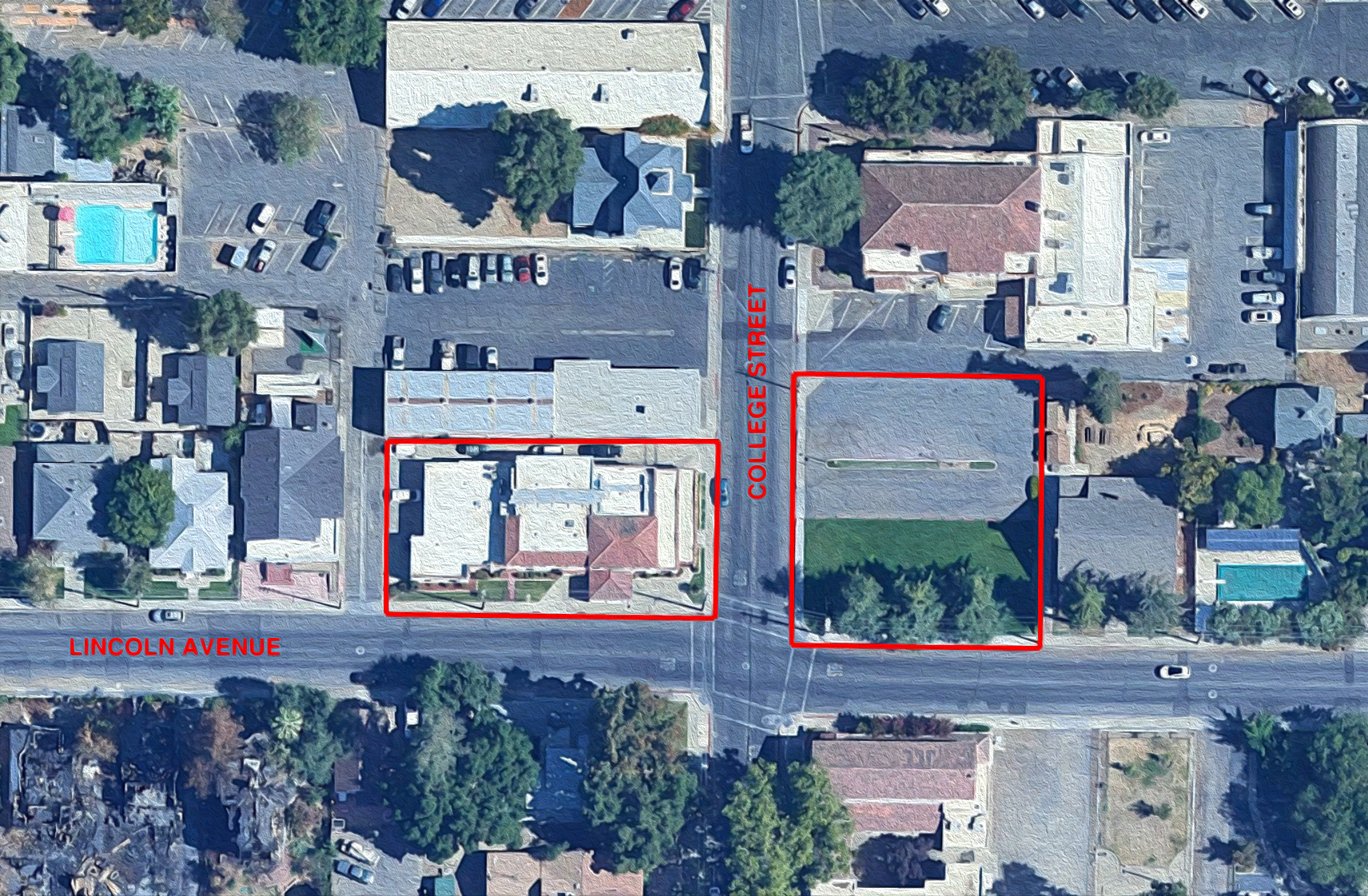 Aerial view of a street with two red outlined properties: a building lot and a grassy vacant lot.