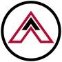 Red and black stylized "A" in a white circle, framed by a black circle.