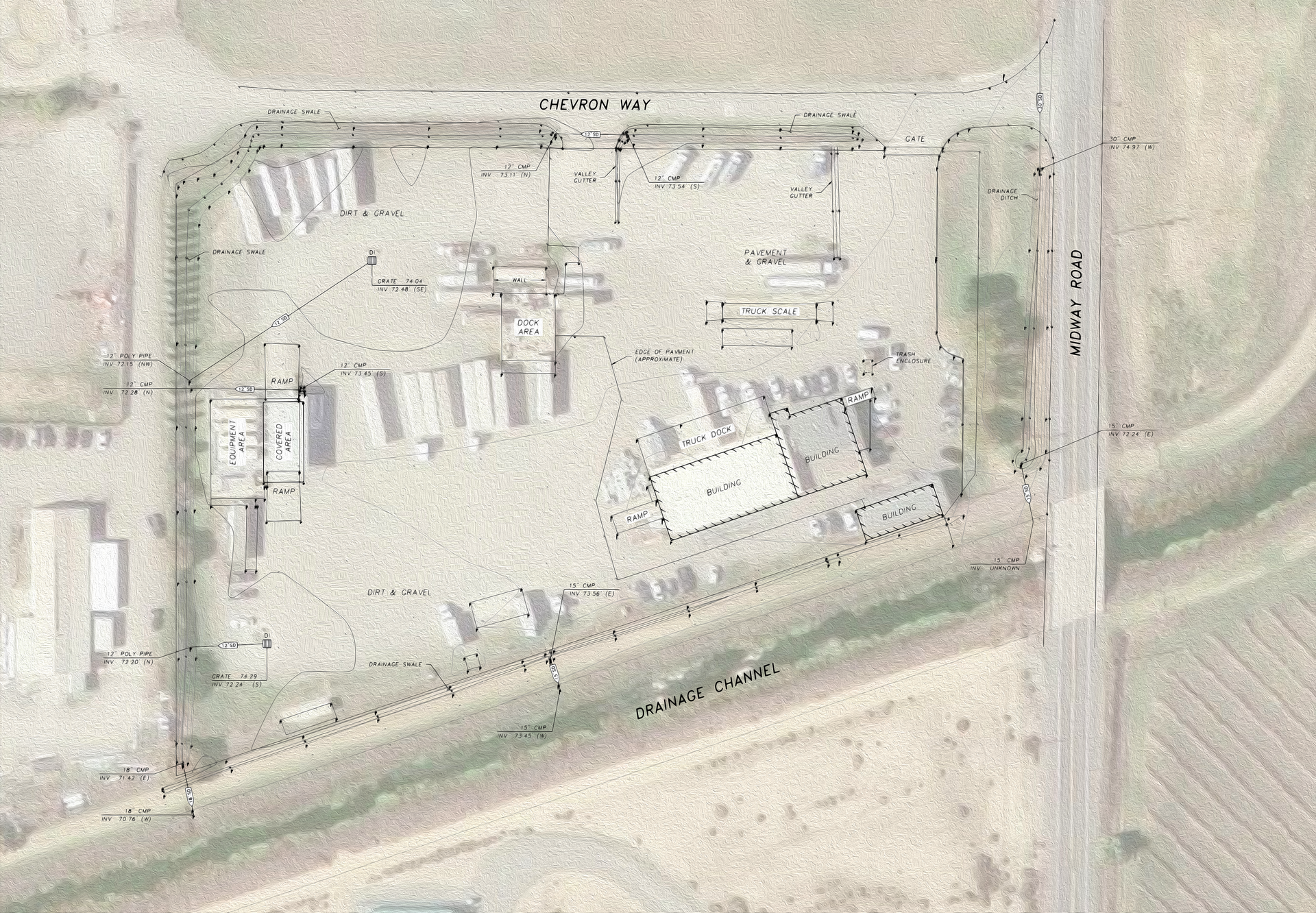 Aerial view of a dusty industrial yard with buildings, parked vehicles, and a road along the right side.