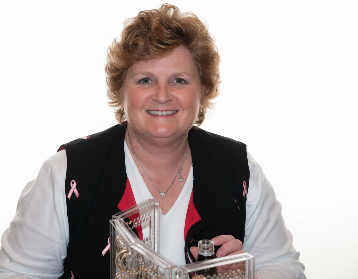 Smiling person in black vest and white shirt holding a clear award against a white background
