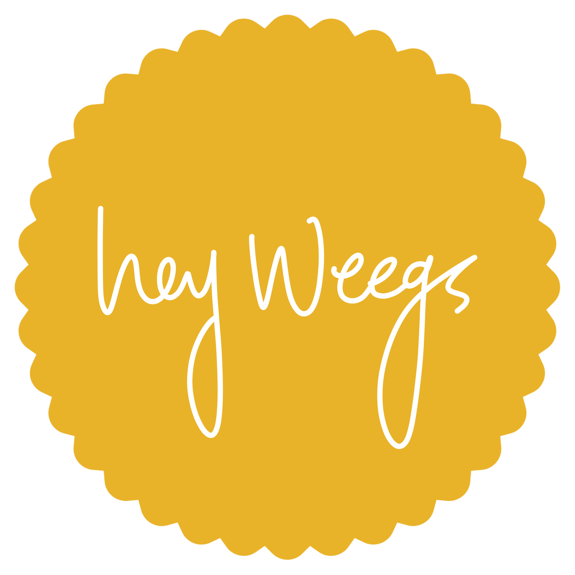Yellow scalloped circle logo with white handwritten text reading &ldquo;hey Weegs&rdquo;