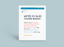 White webpage with blue header and large “We’re so glad you’re back!!” welcome message.