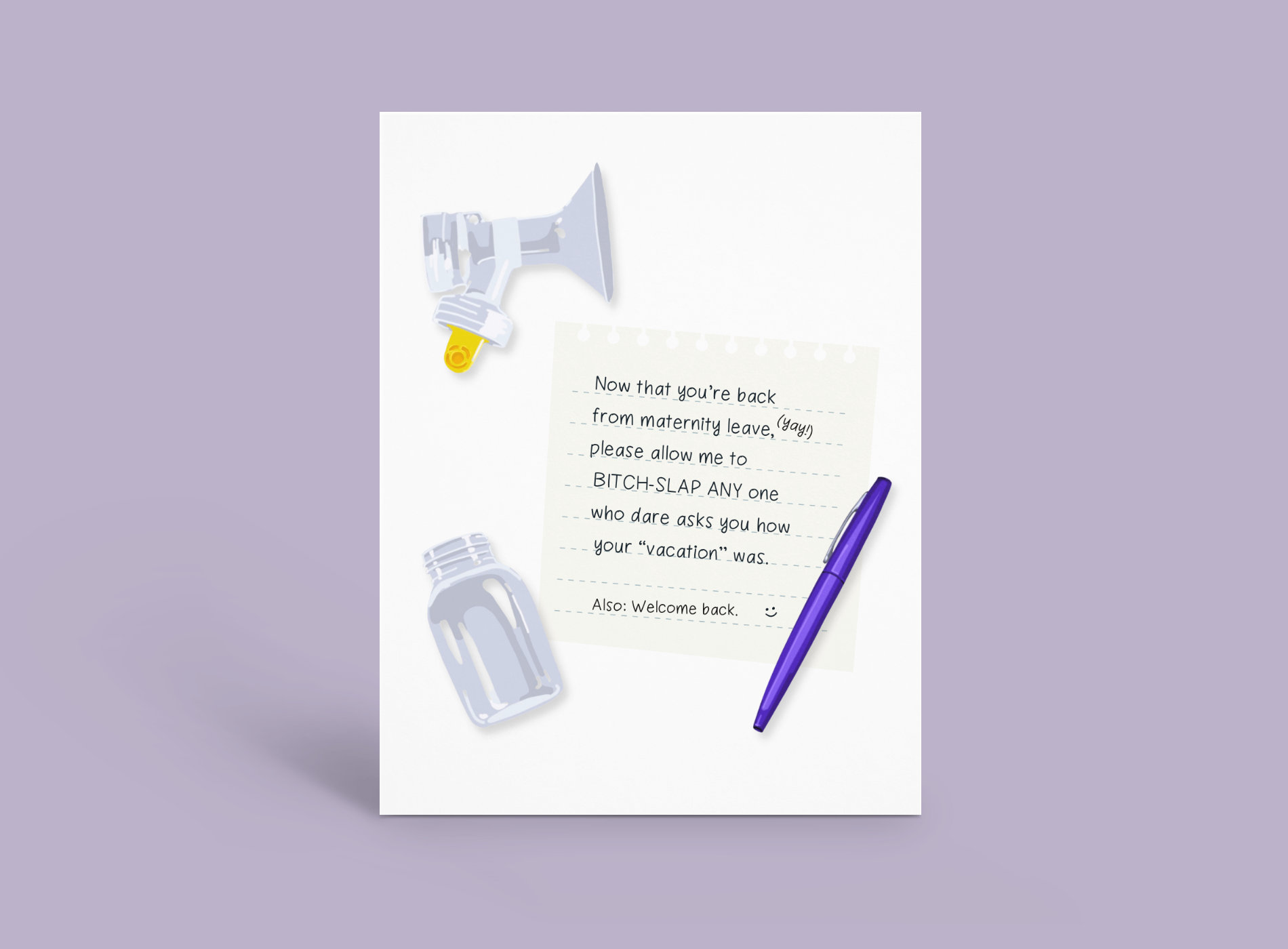 Flat lay of a note with handwritten text, a purple pen, and small white-and-yellow stationery items on a pale background