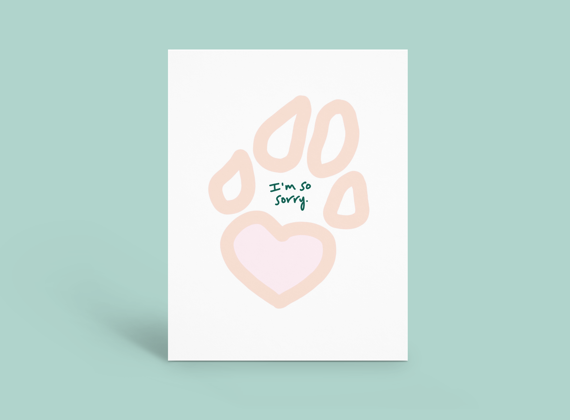 Pastel peach paw print with small green Japanese text on a white card against a mint background