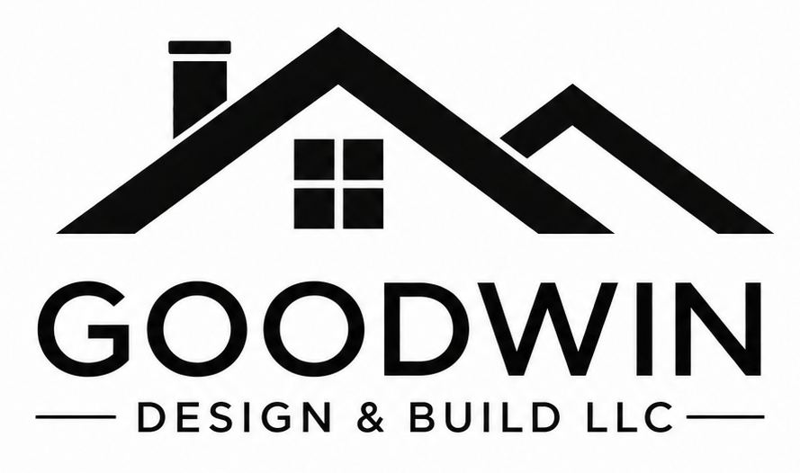 Goodwin Design & Build LLC logo with black roof icon and text on white background