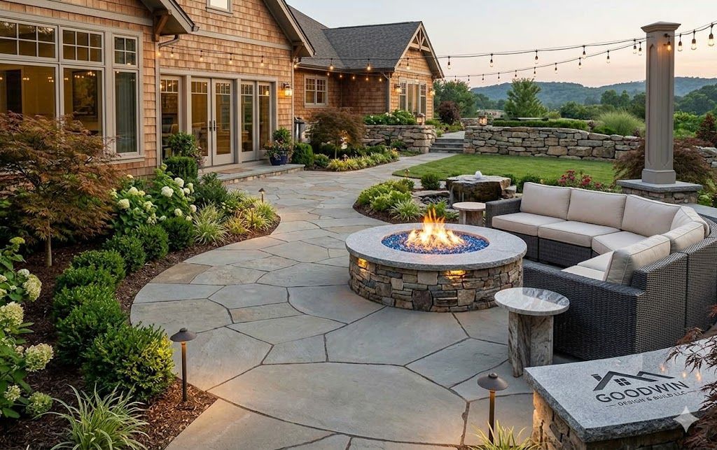 Stone patio with fire pit and outdoor sectional beside a house and landscaped garden at dusk