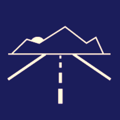 Minimalist white road and mountain icon on a dark blue background, with a small sun peeking over the peaks