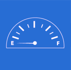 White fuel gauge on blue background, needle near E.