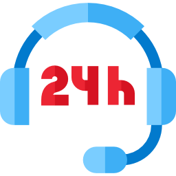 Blue headset icon with red “24h” text, suggesting 24-hour customer support