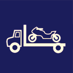 White tow truck carrying a motorcycle on a dark blue background.