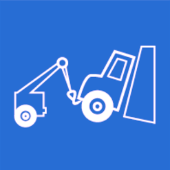 White tow truck icon towing a large vehicle on a blue background