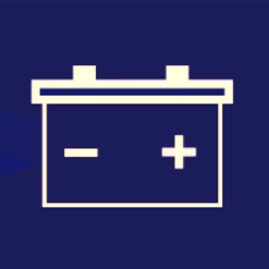 White battery icon with plus and minus symbols on a dark blue background