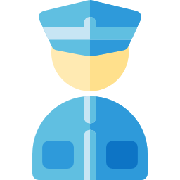 Blue police officer icon with cap and uniform, front view