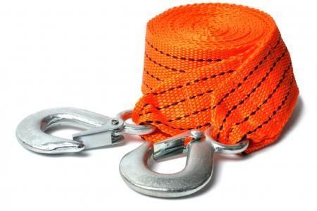 Orange tow strap with two silver metal hooks, coiled neatly on a white background