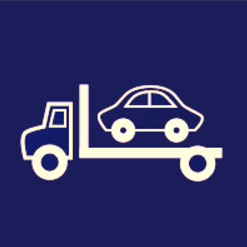 White tow truck icon carrying a car on a blue background