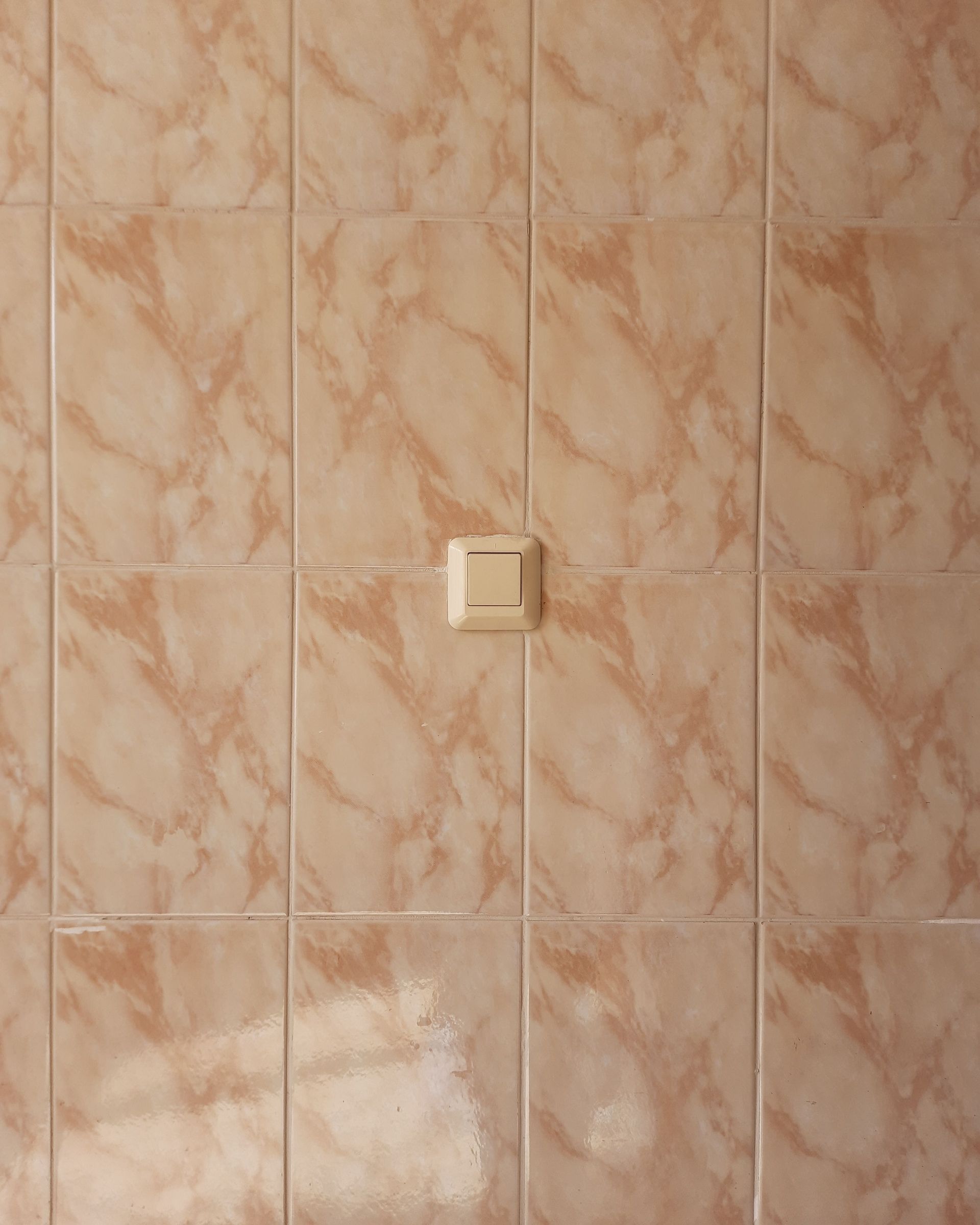 Beige tiled wall with a small square light switch in the center.